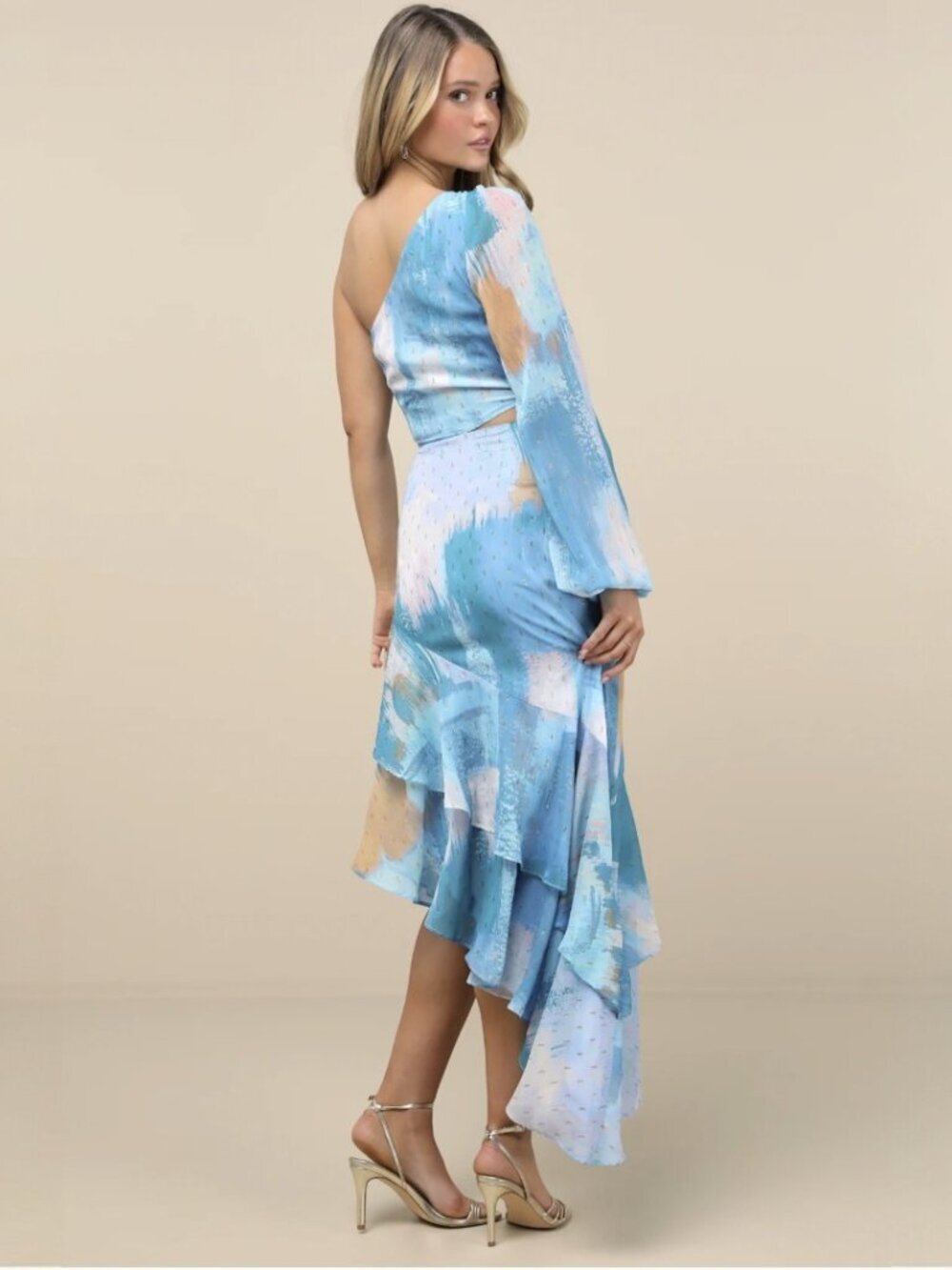 Lulus Faria Blue Multi Abstract Metallic Clip Dot Midi Dress NWT - Picture 5 of 9